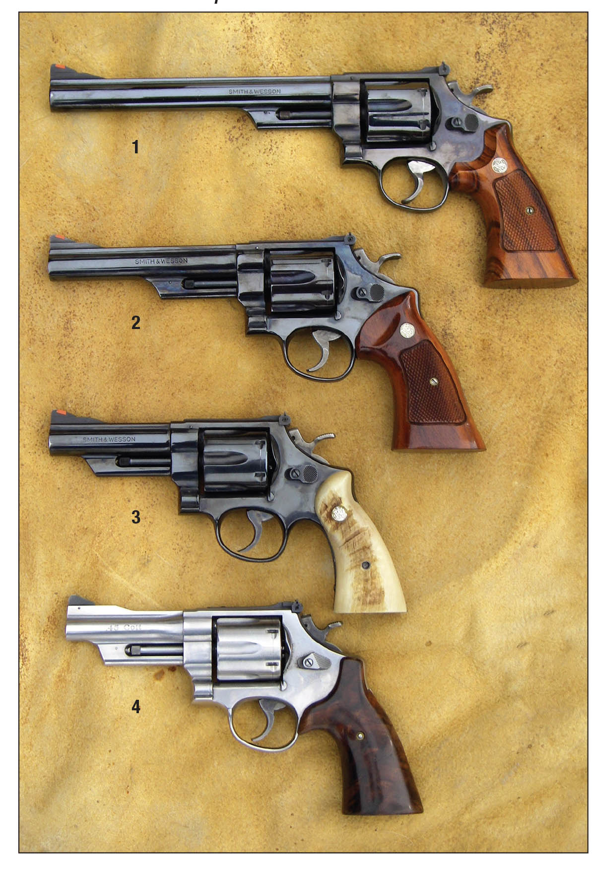 These Smith & Wesson .45 Colts include a (1) Model 25-5 with 83⁄8-inch barrel, (2) Model 25-5 with 6-inch barrel,  (3) Model 25-5 with 4-inch barrel and a (4) Model 625-6 Mountain Gun with a tapered 4-inch barrel.